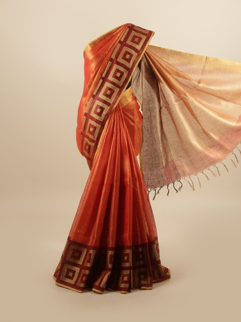 

Pothys Orange & Gold-Toned Linen Blend Saree