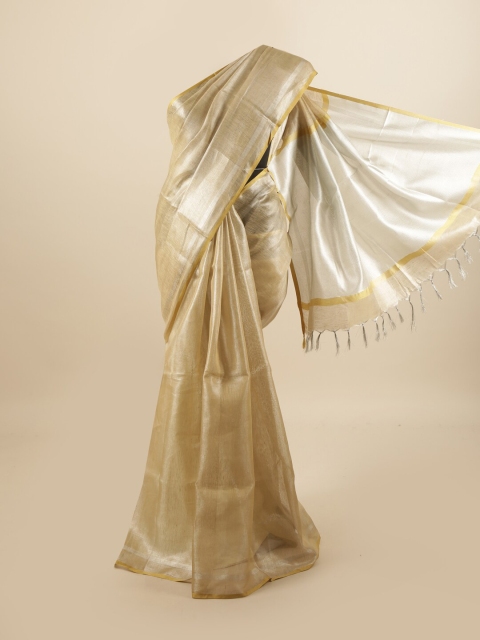 

Pothys Cream-Coloured & Silver Linen Blend Saree
