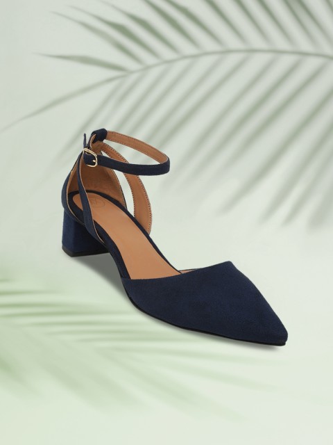 

20Dresses Women Navy Blue Suede Block Pumps with Buckles