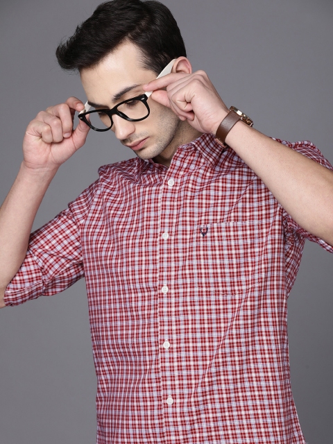 

Allen Solly Men Maroon Slim Fit Brand Logo Detail Gingham Checks Pure Cotton Casual Shirt