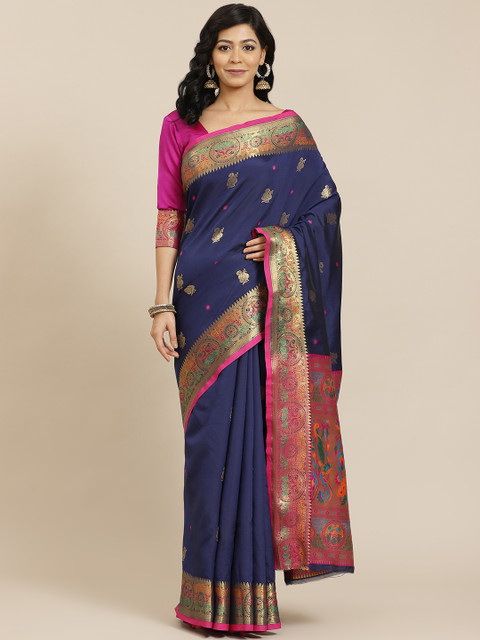 

SHANGRILA Navy Blue & Pink Floral Pure Silk Ready to Wear Saree
