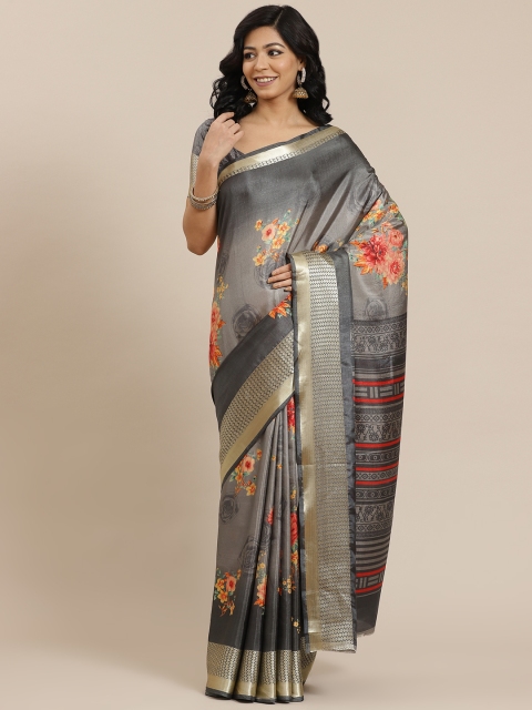 

SHANGRILA Grey & Red Floral Silk Cotton Ready to Wear Saree