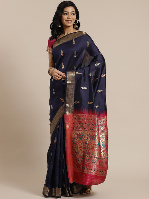 

SHANGRILA Navy Blue & Pink Floral Pure Silk Ready to Wear Saree