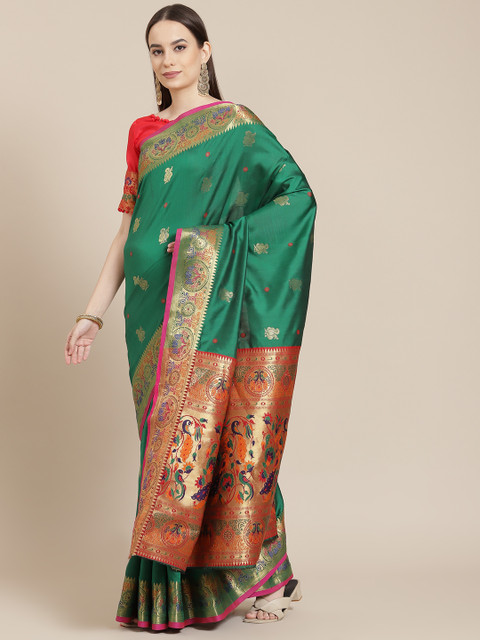 

SHANGRILA Green & Red Woven Design Pure Silk Ready to Wear Saree