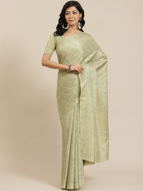 

SHANGRILA Olive Green Ethnic Motifs Art Silk Ready to Wear Saree