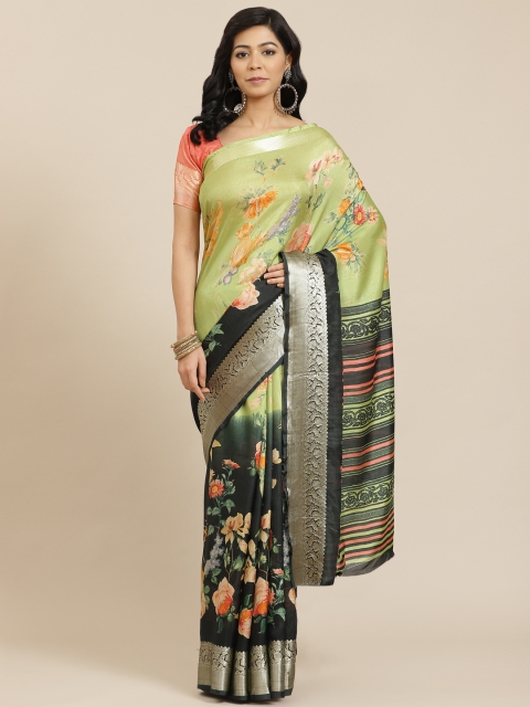 

SHANGRILA Green & Black Floral Silk Cotton Ready to Wear Saree