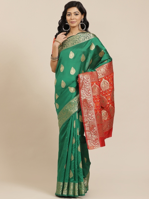 

SHANGRILA Green & Red Ethnic Motifs Pure Silk Ready to Wear Saree