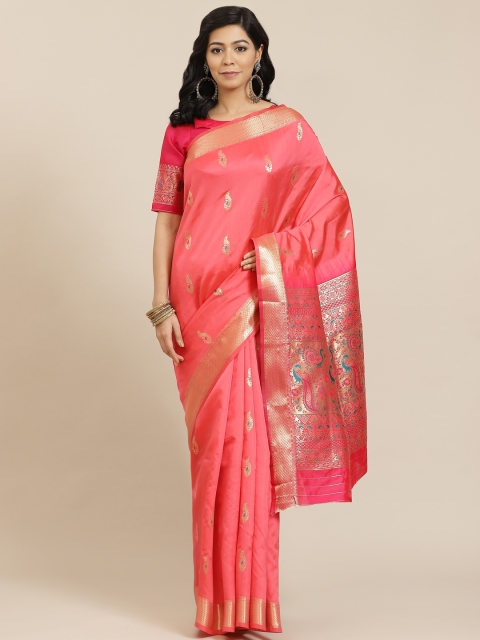 

SHANGRILA Peach-Coloured Ethnic Motifs Pure Silk Ready to Wear Saree