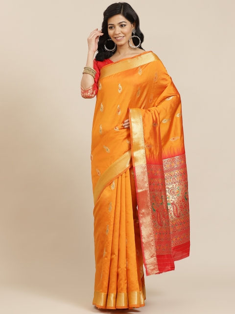 

SHANGRILA Yellow & Red Woven Design Pure Silk Ready to Wear Saree