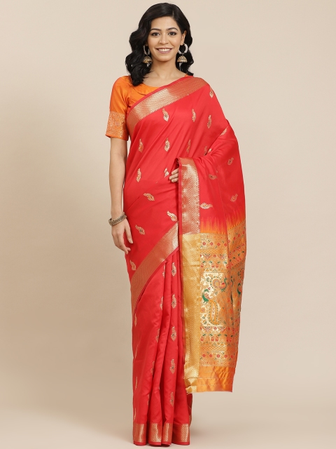 

SHANGRILA Red & Yellow Woven Design Pure Silk Ready to Wear Saree