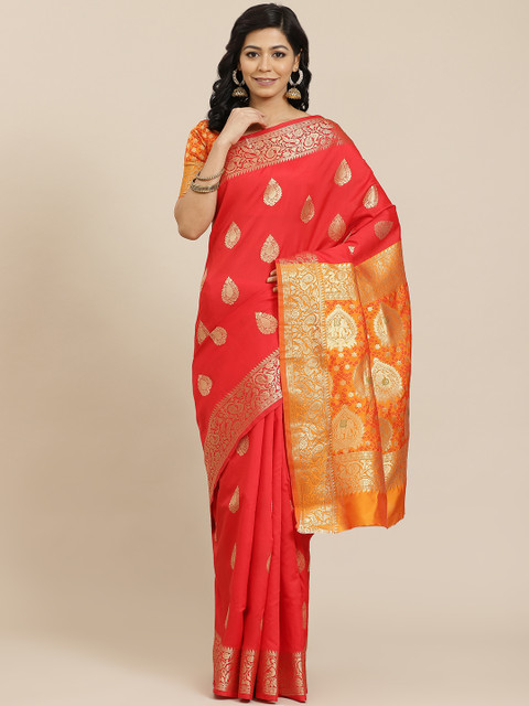 

SHANGRILA Red & Yellow Woven Design Pure Silk Ready to Wear Saree