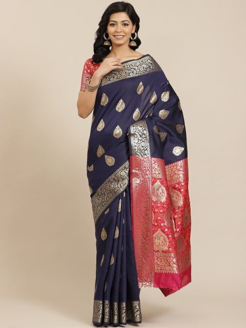 

SHANGRILA Navy Blue & Red Ethnic Motifs Pure Silk Ready to Wear Saree