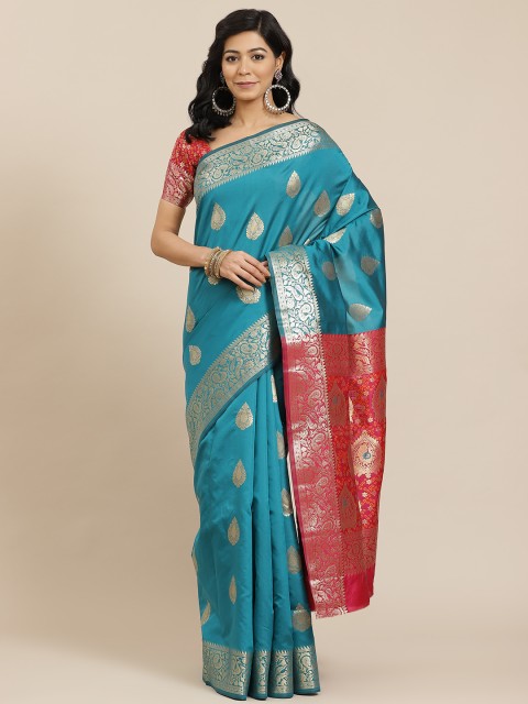 

SHANGRILA Green & Red Ethnic Motifs Pure Silk Ready to Wear Saree