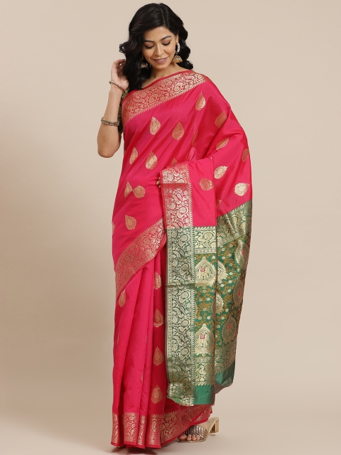 

SHANGRILA Pink & Green Ethnic Motifs Pure Silk Ready to Wear Saree