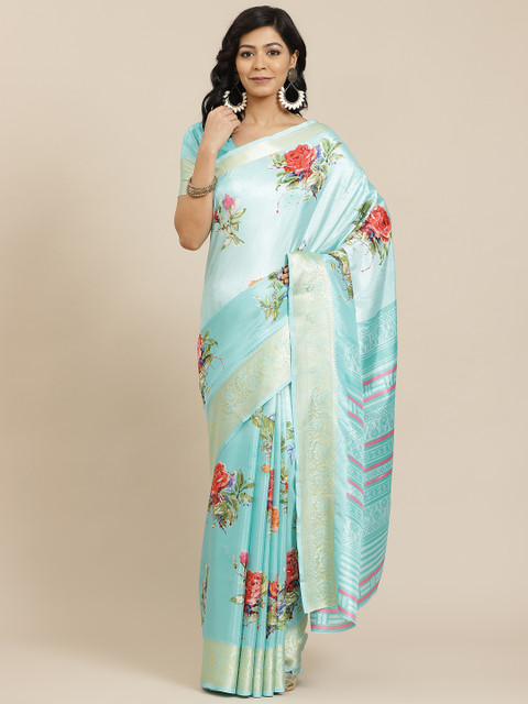 

SHANGRILA Blue & Red Floral Silk Cotton Ready to Wear Saree