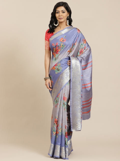 

SHANGRILA Blue & Red Floral Silk Cotton Ready to Wear Saree