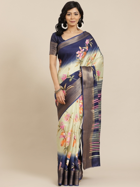 

SHANGRILA Cream-Coloured & Blue Floral Silk Cotton Ready to Wear Saree