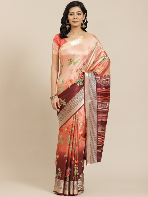 

SHANGRILA Peach-Coloured & Brown Floral Silk Cotton Ready to Wear Saree