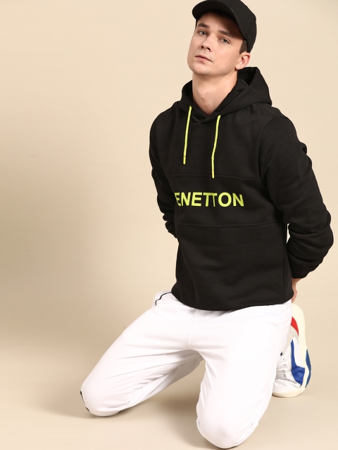 

United Colors of Benetton Men Black Printed Hooded Sweatshirt
