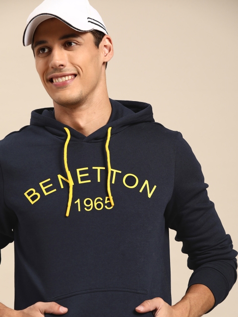 

United Colors of Benetton Men Navy Blue Brand logo Printed Hooded Sweatshirt