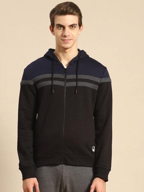

United Colors of Benetton Men Black & Navy Colourblocked Hooded Sweatshirt