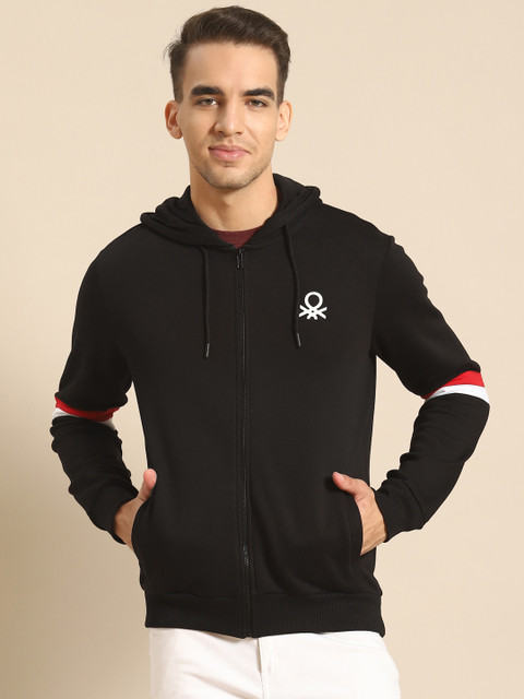 

United Colors of Benetton Men Black Solid Hooded Sweatshirt