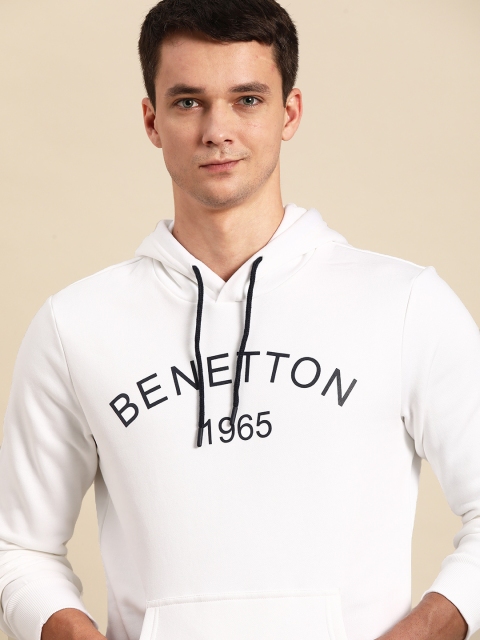 

United Colors of Benetton Men White Printed Hooded Sweatshirt