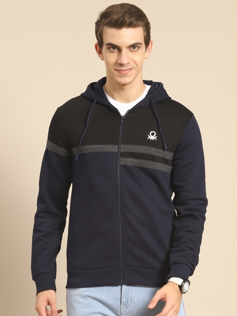 

United Colors of Benetton Men Black & Navy Colourblocked Hooded Sweatshirt