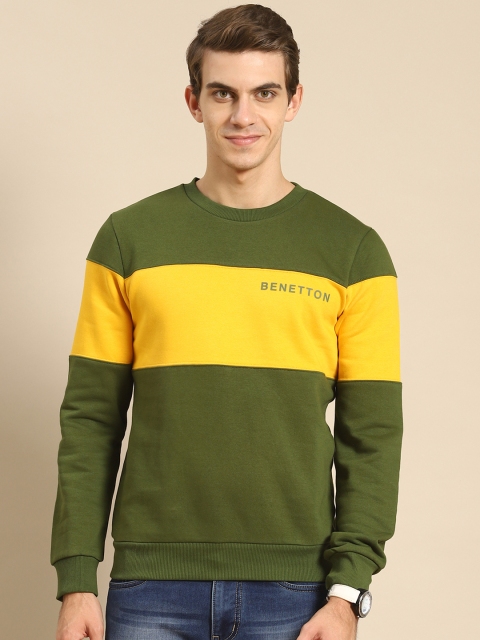 United Colors of Benetton Men Olive Green & Yellow Colourblocked Sweatshirt