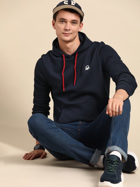 

United Colors of Benetton Men Navy Blue Hooded Sweatshirt
