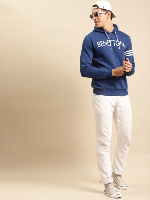 

United Colors of Benetton Men Blue Brand Logo Print Hooded Sweatshirt