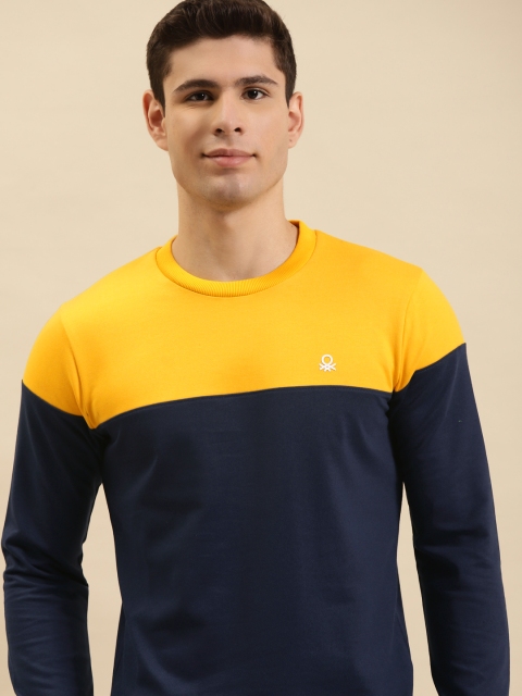 

United Colors of Benetton Men Navy Blue & Yellow Colourblocked Sweatshirt