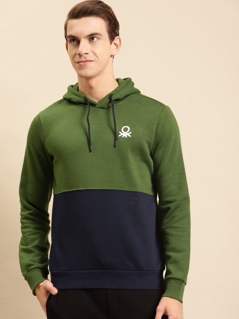 

United Colors of Benetton Men Olive Green Colourblocked Hooded Sweatshirt