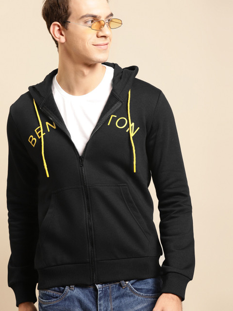 

United Colors of Benetton Men Black Brand Logo Print Hooded Sweatshirt