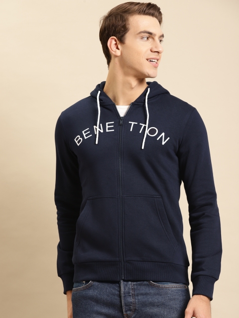 

United Colors of Benetton Men Navy Blue Embroidered Hooded Sweatshirt