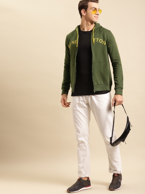 

United Colors of Benetton Men Olive Green Brand Logo Print Hooded Sweatshirt