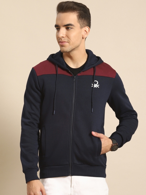 

United Colors of Benetton Men Navy Blue & Burgundy Colourblocked Hooded Sweatshirt