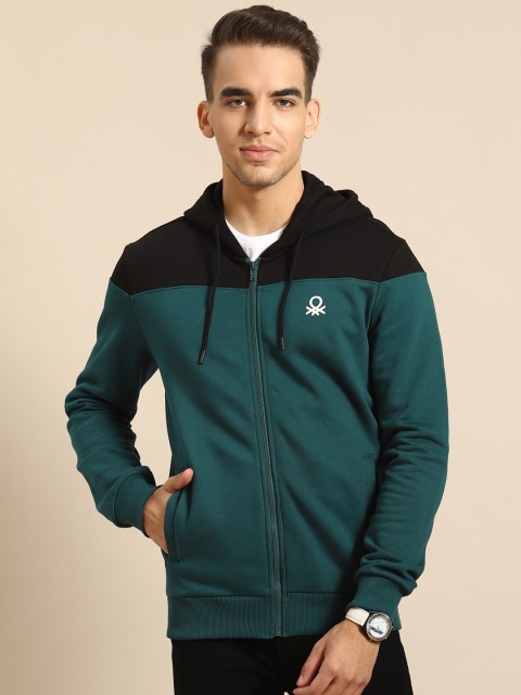 

United Colors of Benetton Men Teal Blue & Black Colourblocked Hooded Sweatshirt