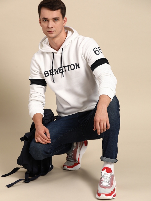 

United Colors of Benetton Men White Brand logo Printed Hooded Sweatshirt