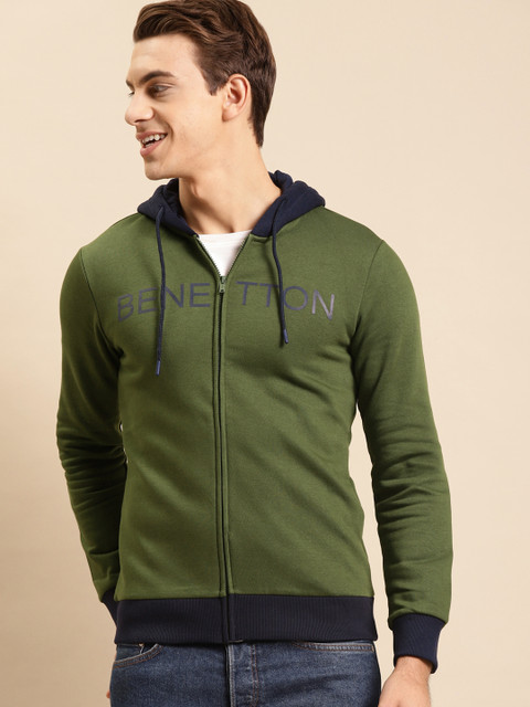 

United Colors of Benetton Men Olive Green Printed Hooded Sweatshirt