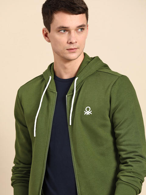 

United Colors of Benetton Men Olive Green Hooded Sweatshirt