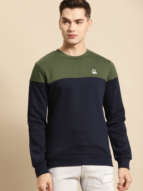 

United Colors of Benetton Men Olive Green Colourblocked Sweatshirt
