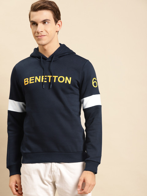 

United Colors of Benetton Men Navy Blue Brand Logo Print Hooded Sweatshirt