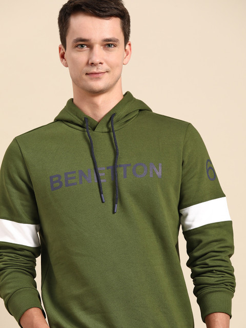 

United Colors of Benetton Men Olive Green Brand logo Printed Hooded Sweatshirt
