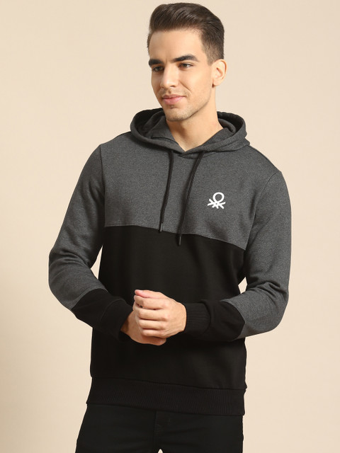 

United Colors of Benetton Men Charcoal Grey & Black Colourblocked Hooded Sweatshirt
