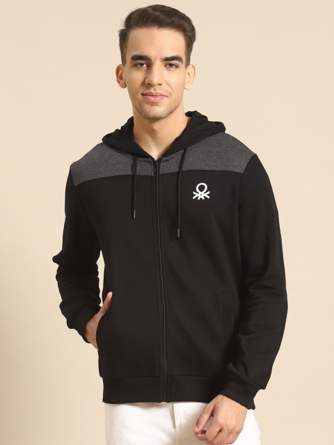 

United Colors of Benetton Men Black & Grey Colourblocked Hooded Sweatshirt