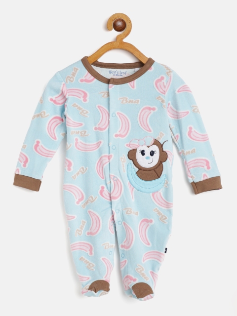 

Moms Love Infant Kids Blue & Pink Cotton Banana Print Velvet Finish Sleepsuit