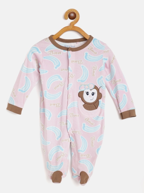 

Moms Love Infant Kids Pink & Blue Cotton Banana Print Velvet Finish Sleepsuit