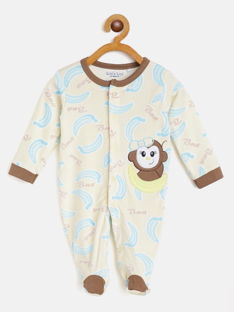 

Moms Love Infant Kids Cream-Coloured & Blue Pure Cotton Printed Sleepsuit