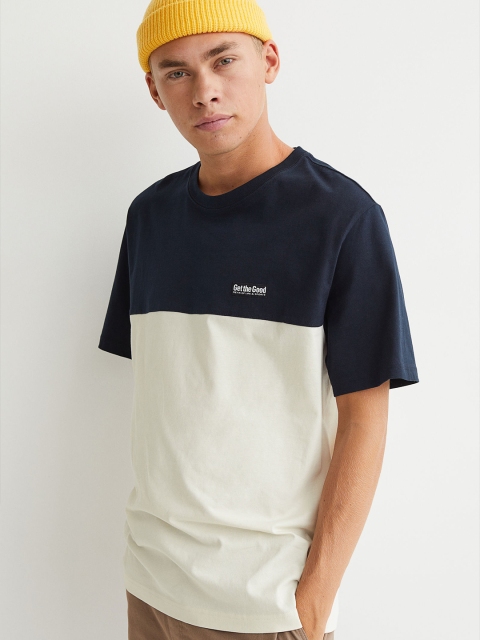 

HM Men Blue White Block-coloured Pure Cotton T-shirt